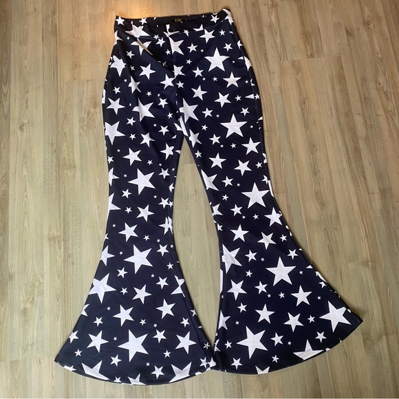 Lucky & Blessed Pants - Lucky & Blessed High Rise Bell Bottom Flare Leggings Stars Blue Size L
